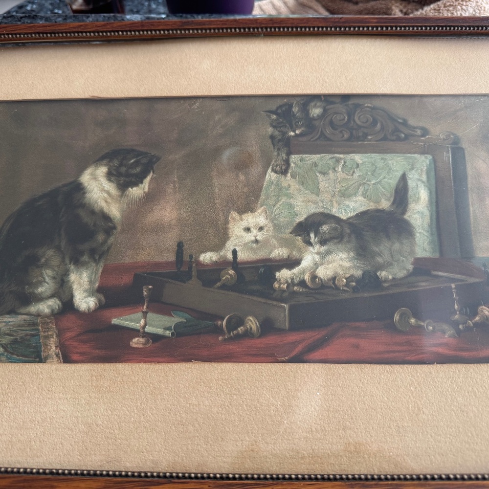 Vintage Framed Print of Kittens Playing Chess Possibly Henriette Conner -Knip